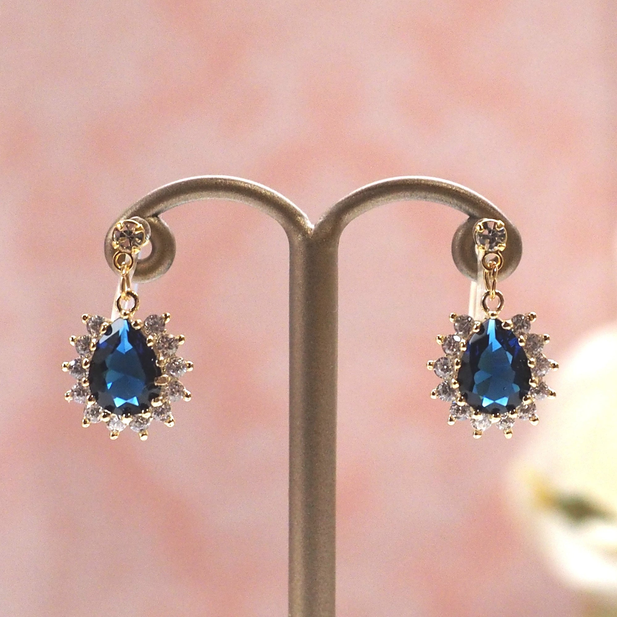 Teardrop navy blue cubic zirconia invisible clip on earrings ( gold tone ) - miyabigracejewelry.com