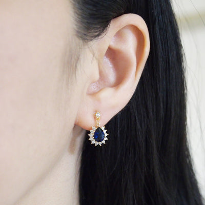 Teardrop navy blue cubic zirconia invisible clip on earrings ( gold tone ) - miyabigracejewelry.com