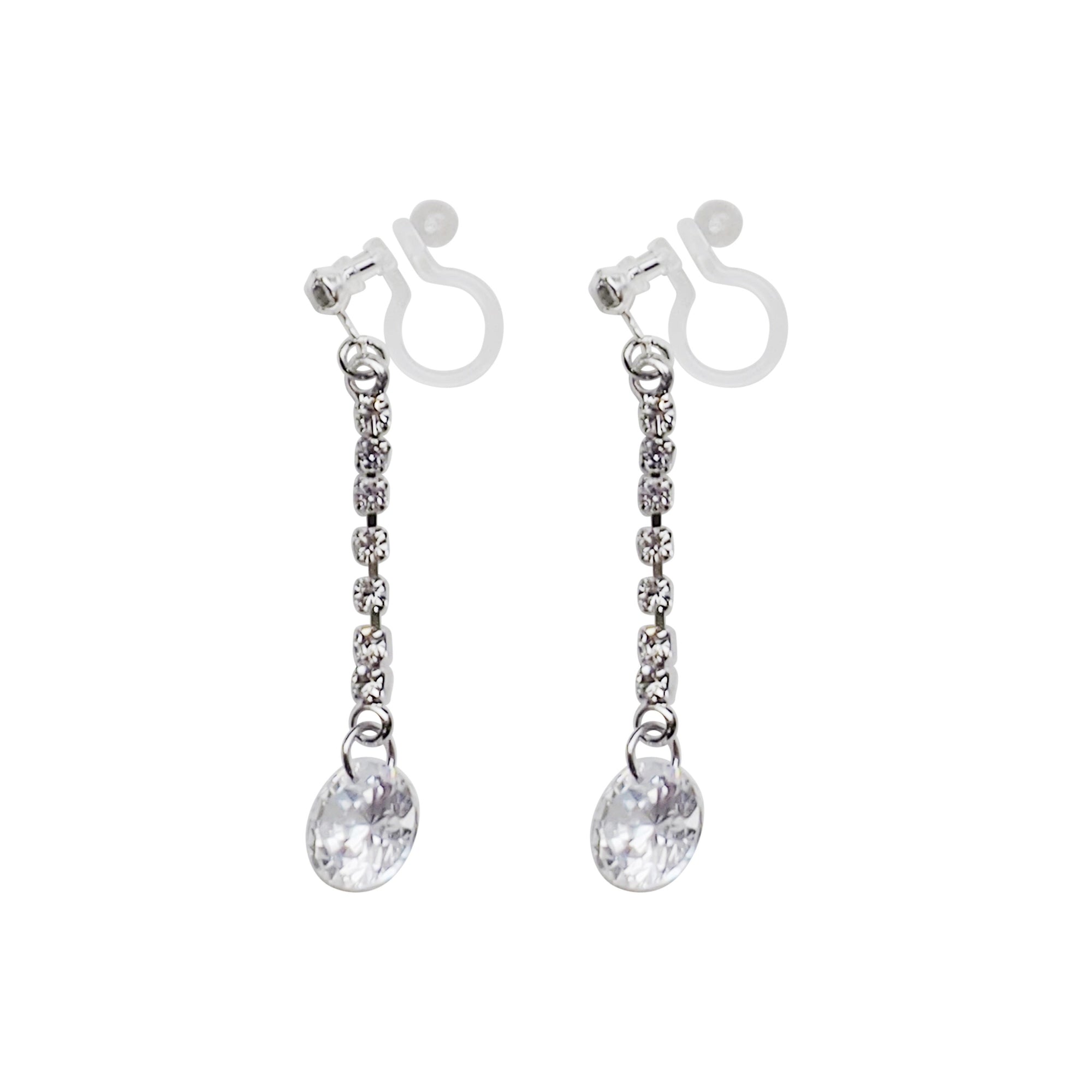 Silver cubic zirconia crystal dangle invisible clip on earrings - Miyabi Grace