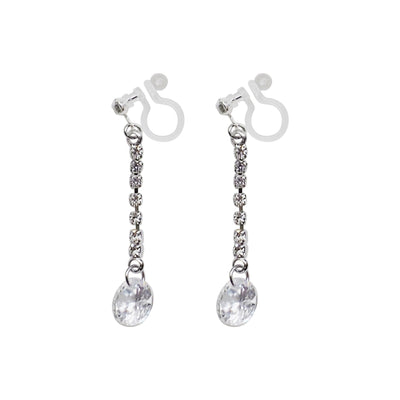 Silver cubic zirconia crystal dangle invisible clip on earrings - Miyabi Grace