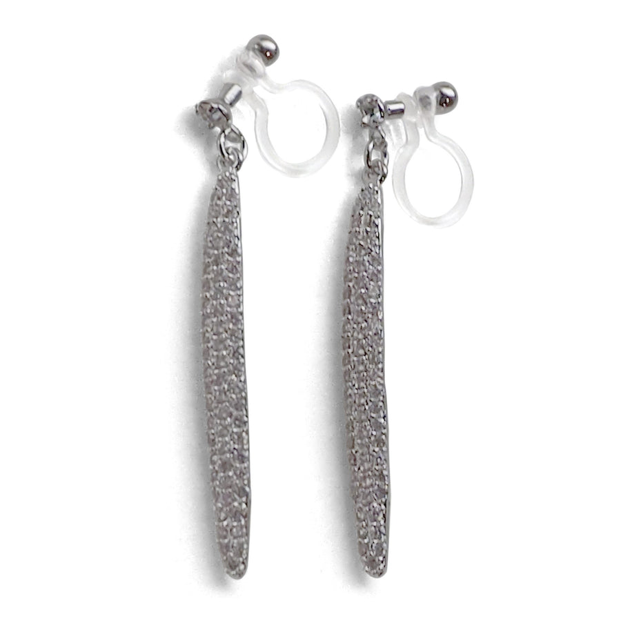 Bridal micro pave cubic zirconia bar invisible clip on earrings ( silver tone ) - miyabigracejewelry.com