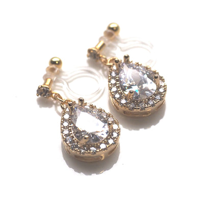 Bridal teardrop cubic zirconia invisible clip on earrings ( gold tone ) - Miyabi Grace