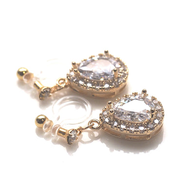 Bridal teardrop cubic zirconia invisible clip on earrings ( gold tone ) - Miyabi Grace