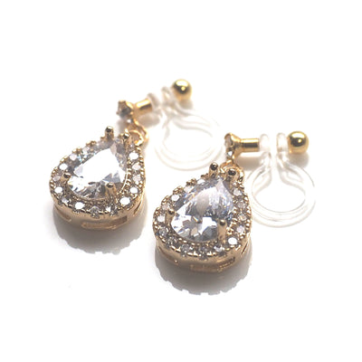Bridal teardrop cubic zirconia invisible clip on earrings ( gold tone ) - Miyabi Grace