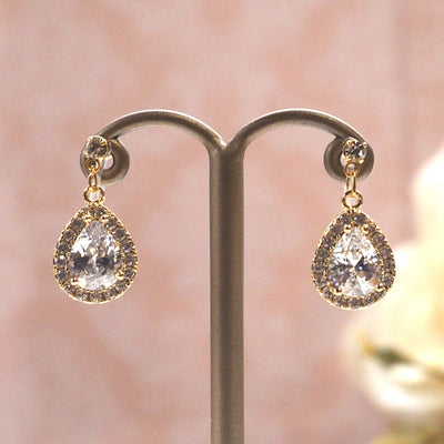 Bridal teardrop cubic zirconia invisible clip on earrings ( gold tone ) - Miyabi Grace
