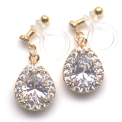Bridal teardrop cubic zirconia invisible clip on earrings ( gold tone ) - Miyabi Grace