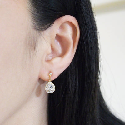 Bridal teardrop cubic zirconia invisible clip on earrings ( gold tone ) - Miyabi Grace
