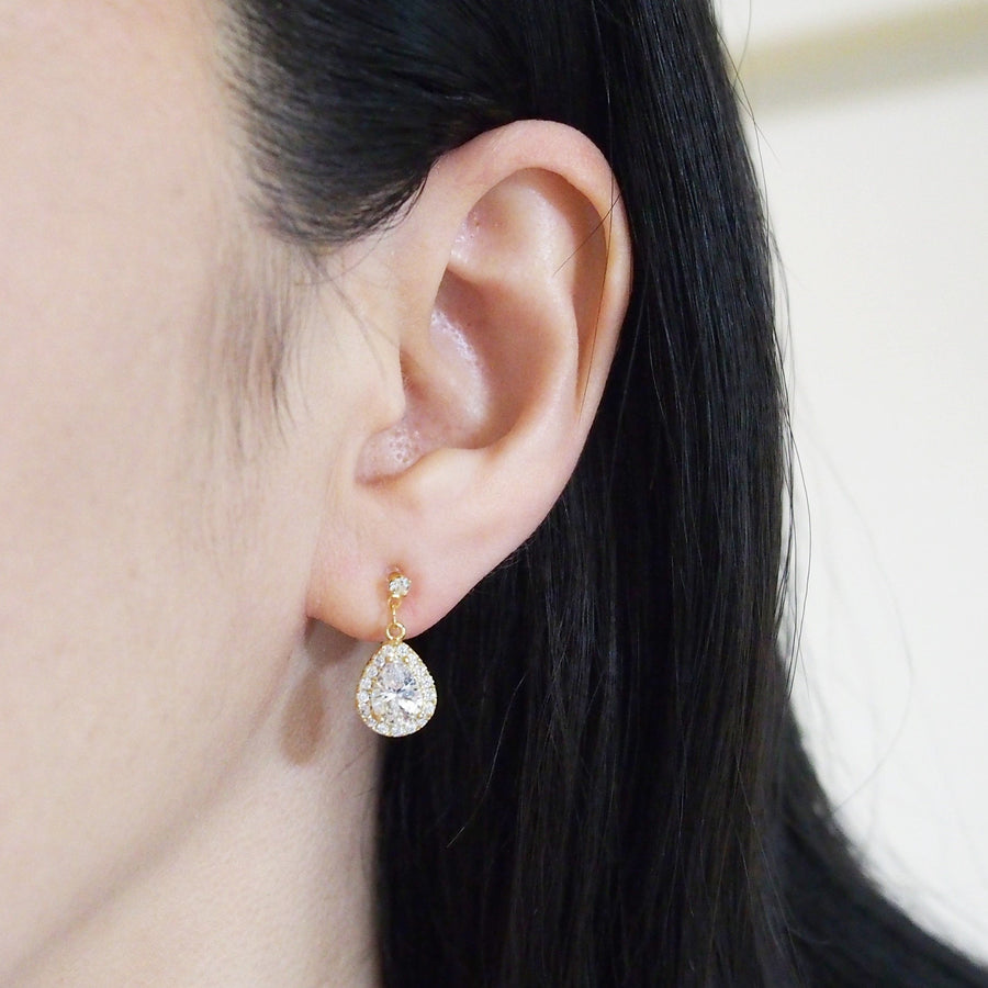 Bridal teardrop cubic zirconia invisible clip on earrings ( gold tone ) - Miyabi Grace