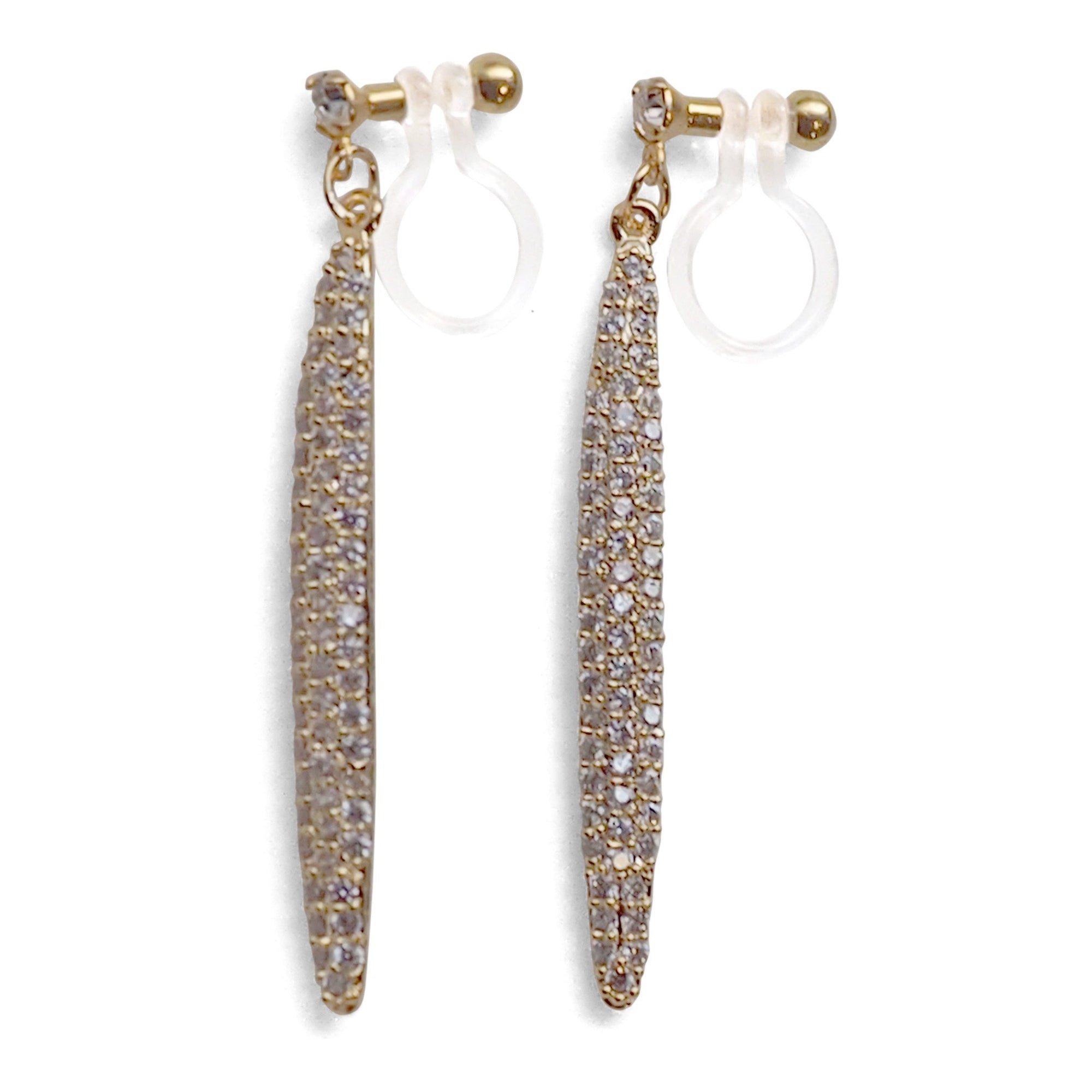Bridal micro pave cubic zirconia bar invisible clip on earrings ( gold tone ) - miyabigracejewelry.com