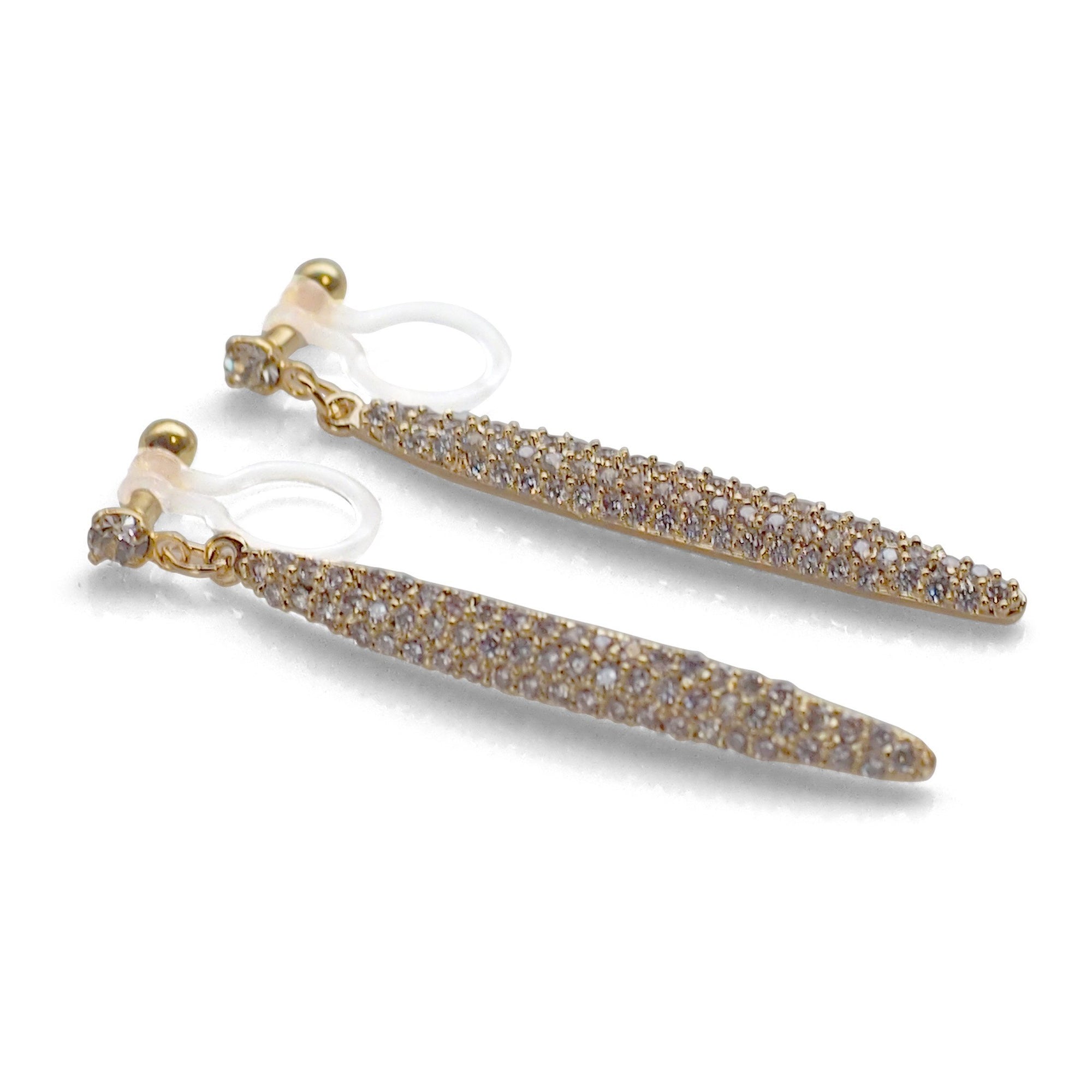 Bridal micro pave cubic zirconia bar invisible clip on earrings ( gold tone ) - miyabigracejewelry.com