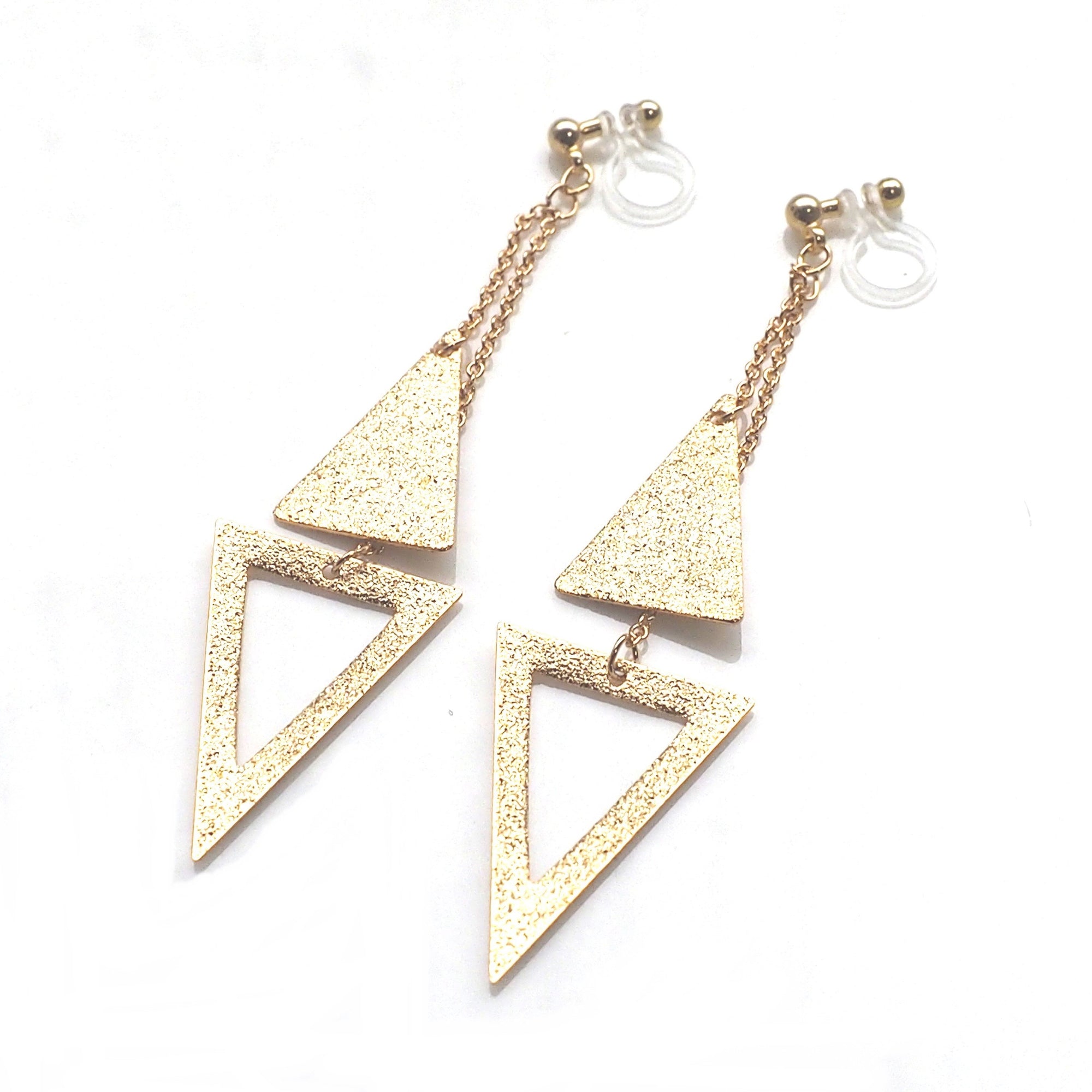 Metallic gold double triangle invisible clip on earrings - miyabigracejewelry.com
