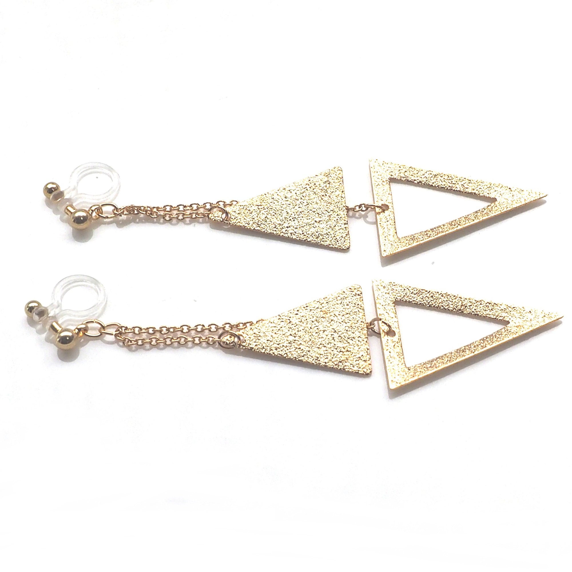 Metallic gold double triangle invisible clip on earrings - miyabigracejewelry.com