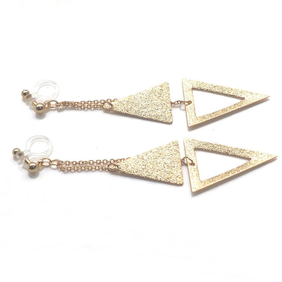 Metallic gold double triangle invisible clip on earrings - miyabigracejewelry.com