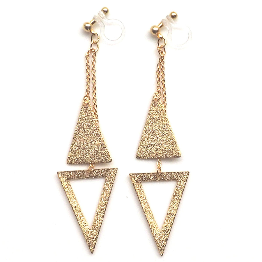 Metallic gold double triangle invisible clip on earrings - miyabigracejewelry.com