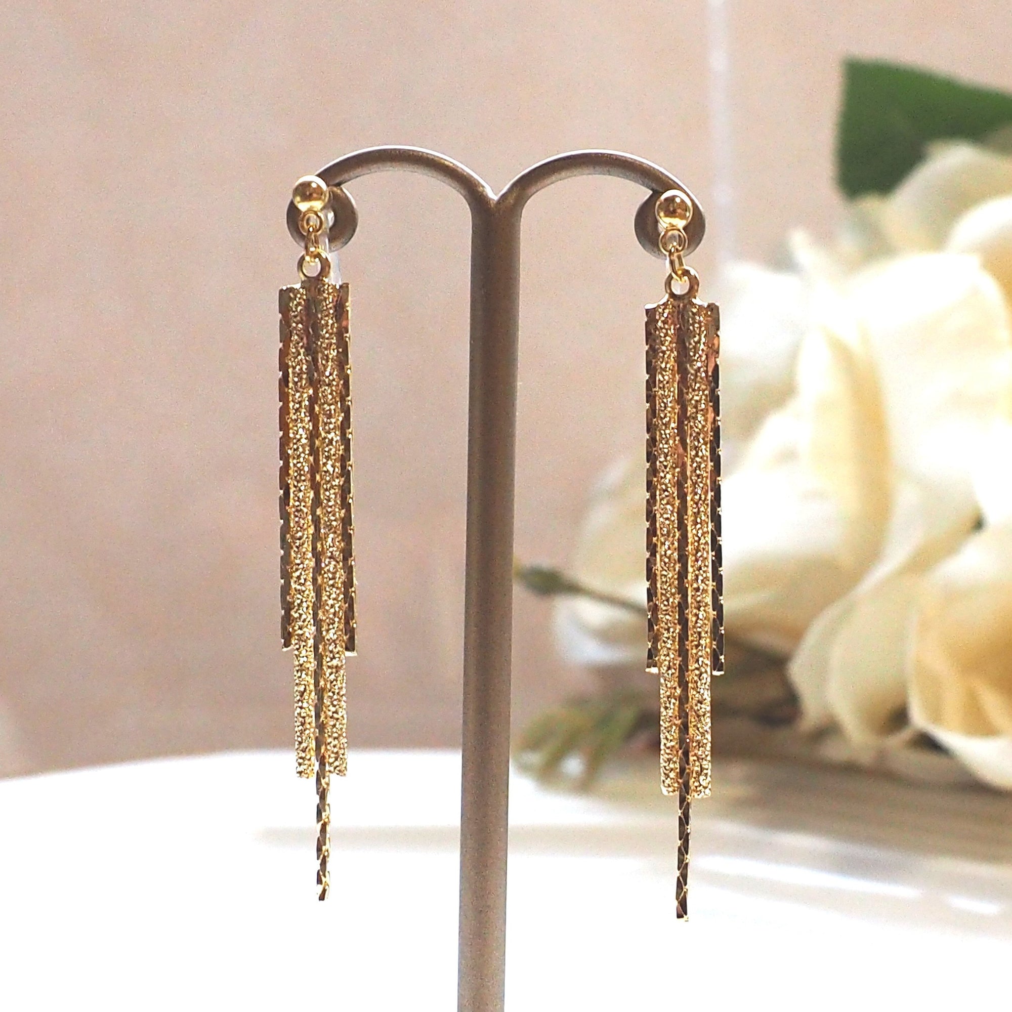 Long gold metallic chain invisible clip on earrings - miyabigracejewelry.com