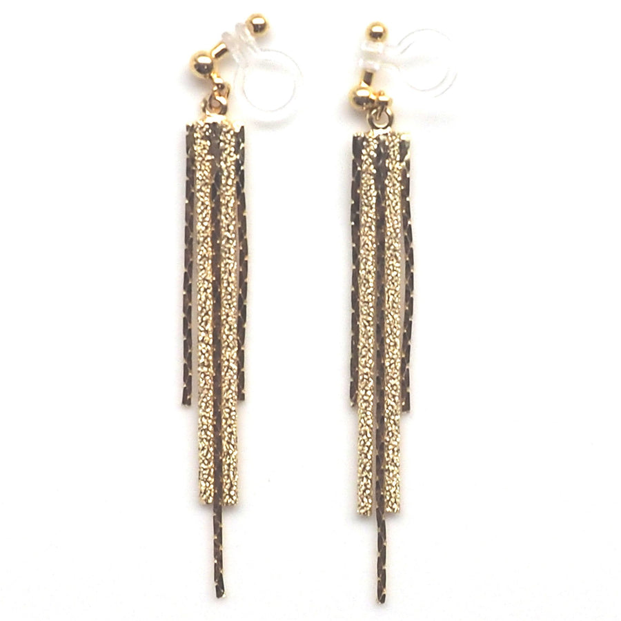 Long gold metallic chain invisible clip on earrings - miyabigracejewelry.com