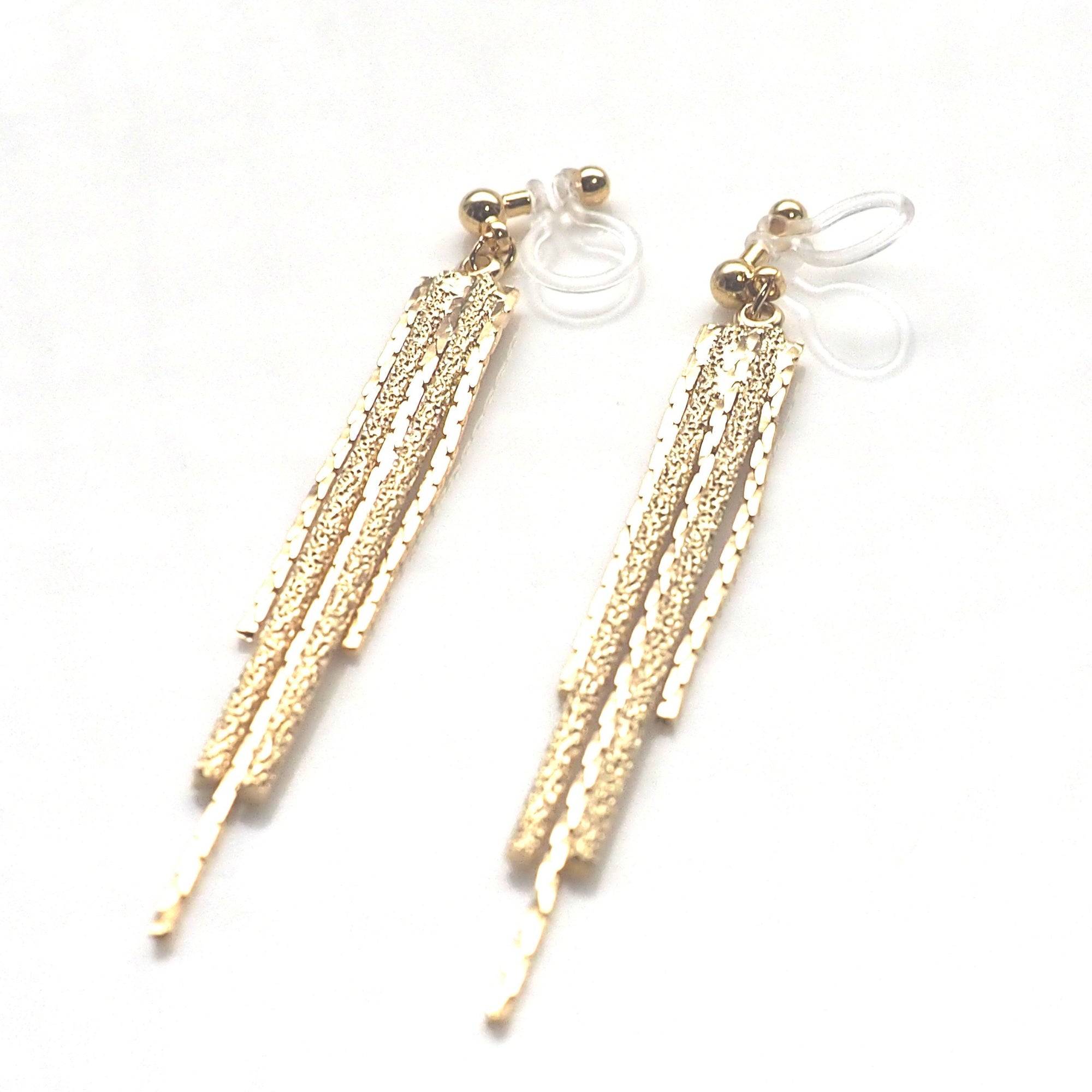 Long gold metallic chain invisible clip on earrings - miyabigracejewelry.com