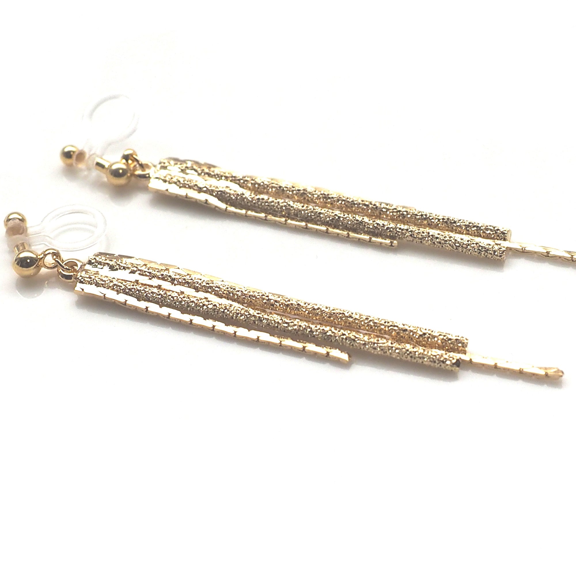Long gold metallic chain invisible clip on earrings - miyabigracejewelry.com