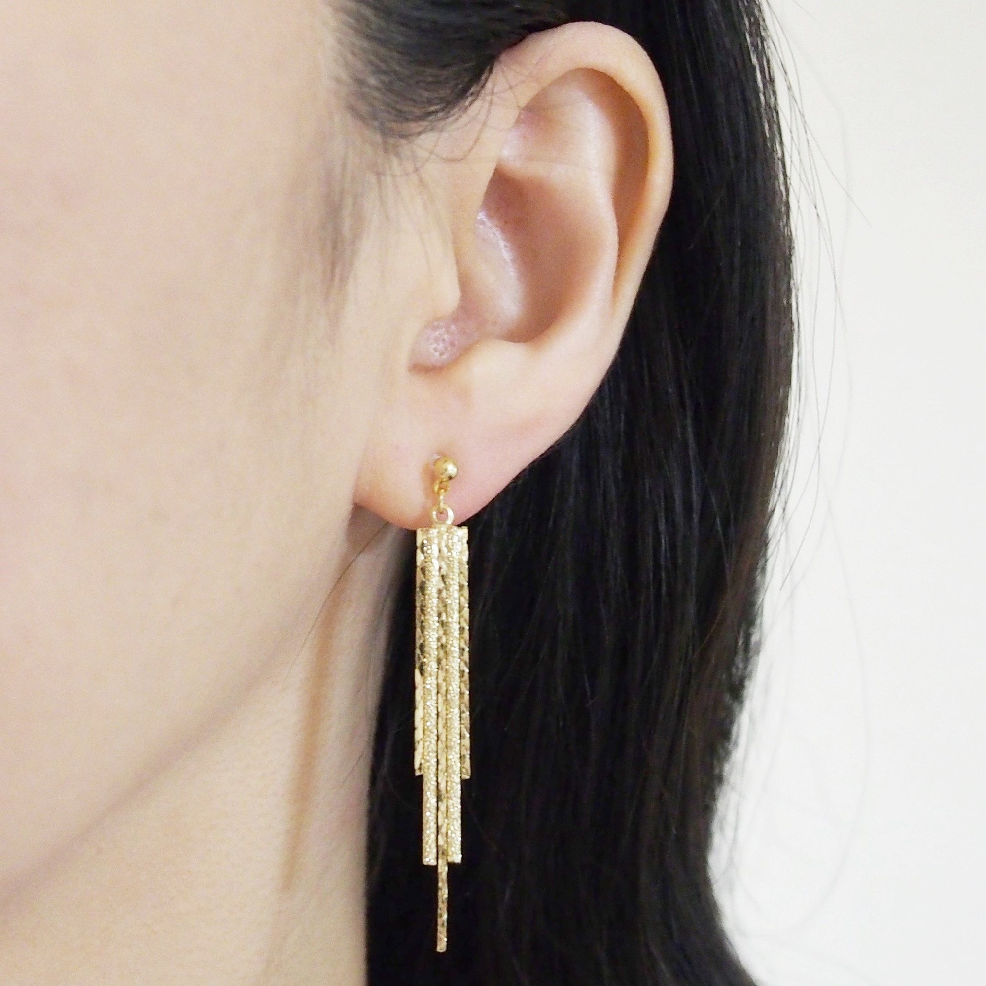 Long gold metallic chain invisible clip on earrings - miyabigracejewelry.com
