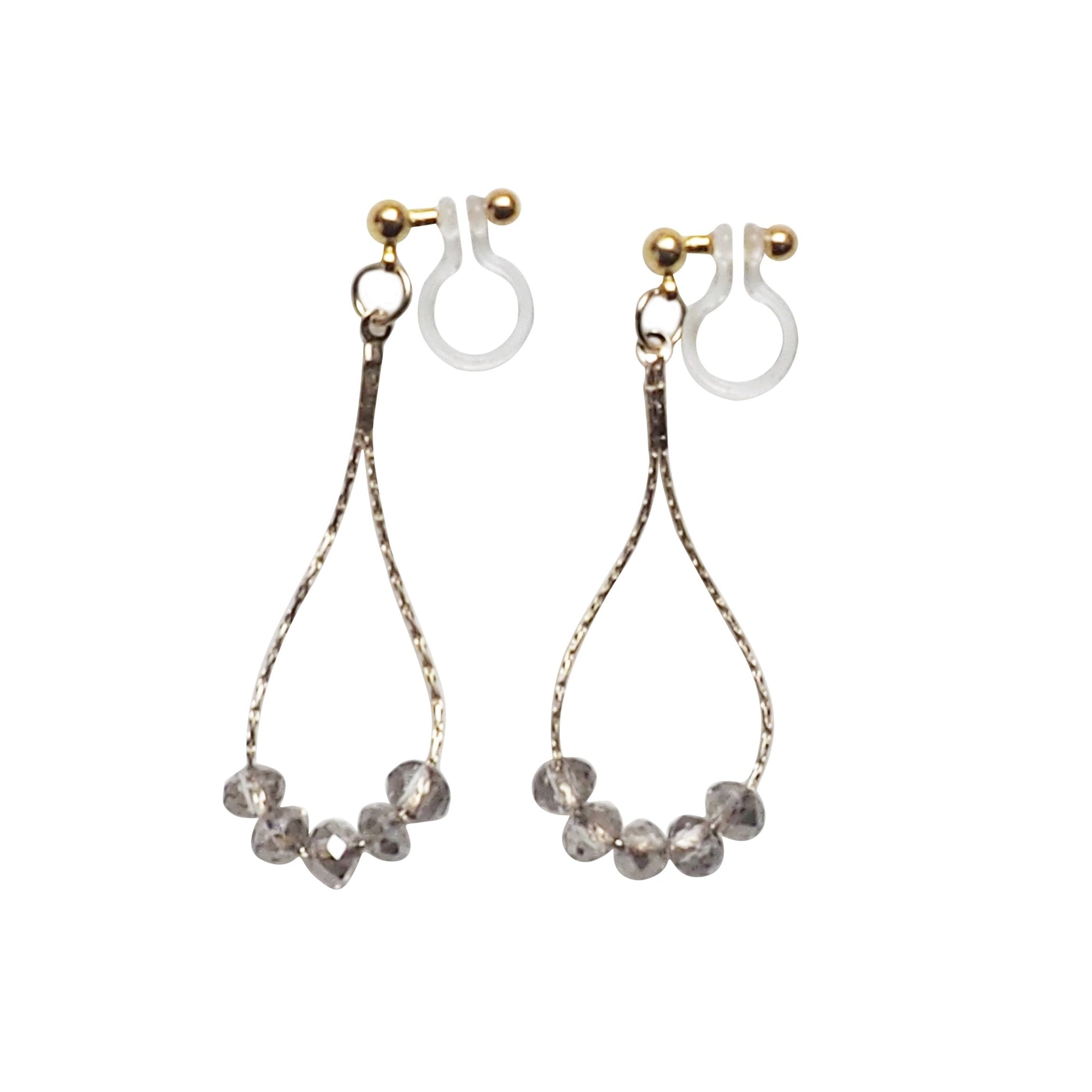 Dangle gray crystal & gold teardrop chain hoop invisible clip on earrings - Miyabi Grace