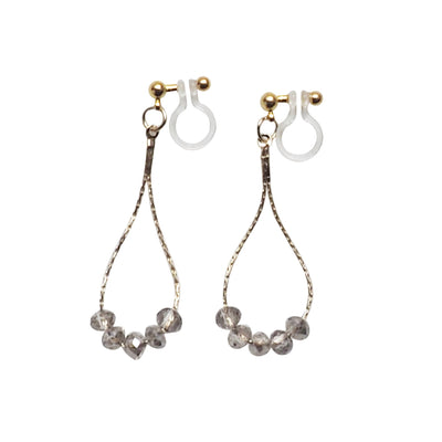 Dangle gray crystal & gold teardrop chain hoop invisible clip on earrings - Miyabi Grace