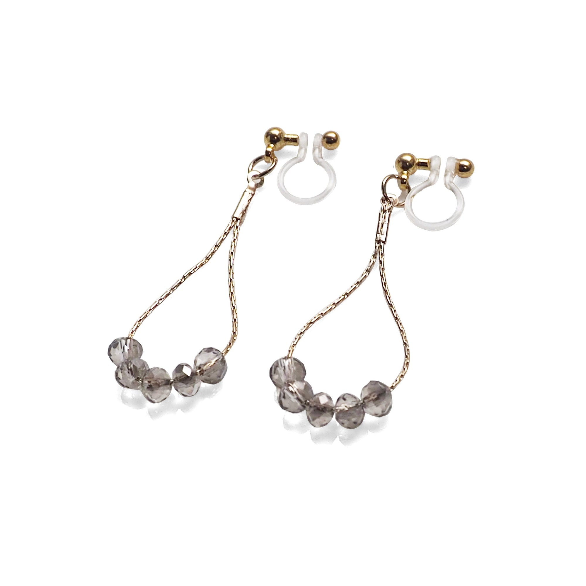 Dangle gray crystal & gold teardrop chain hoop invisible clip on earrings - Miyabi Grace