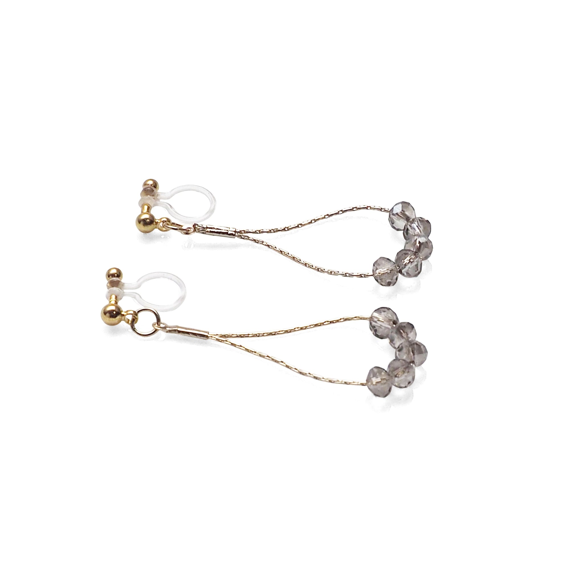 Dangle gray crystal & gold teardrop chain hoop invisible clip on earrings - Miyabi Grace