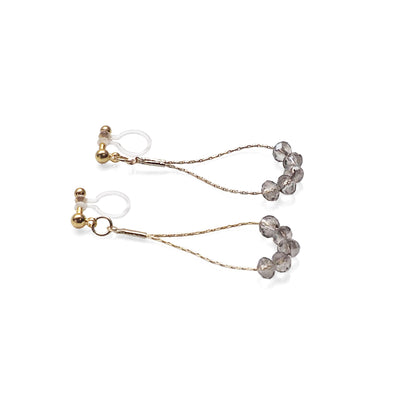 Dangle gray crystal & gold teardrop chain hoop invisible clip on earrings - Miyabi Grace