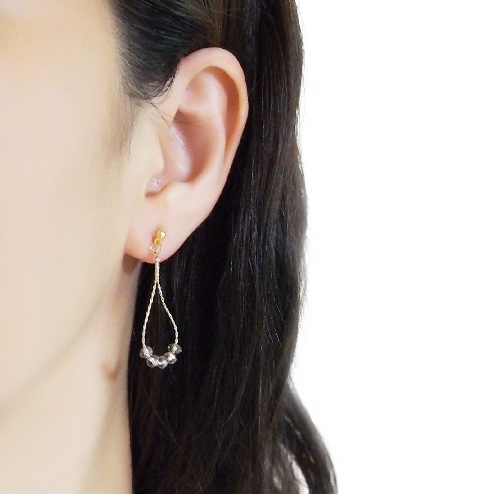 Dangle gray crystal & gold teardrop chain hoop invisible clip on earrings - Miyabi Grace