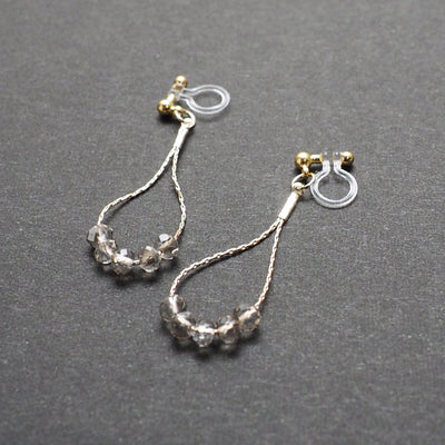 Dangle gray crystal & gold teardrop chain hoop invisible clip on earrings - Miyabi Grace