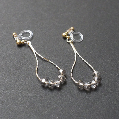 Dangle gray crystal & gold teardrop chain hoop invisible clip on earrings - Miyabi Grace