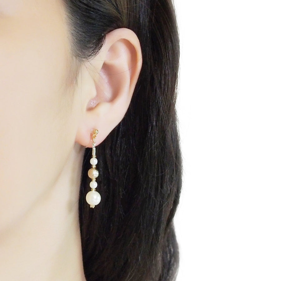 Dangle white pearls & metallic gold ball invisible clip on earrings - Miyabi Grace