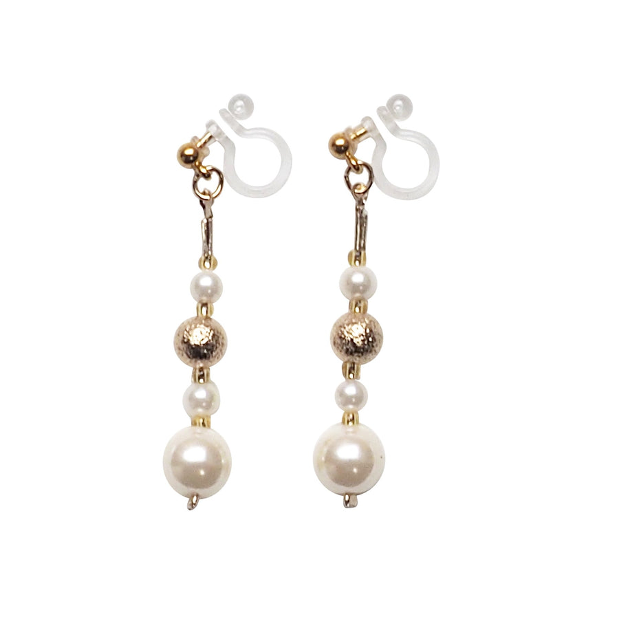 Dangle white pearls & metallic gold ball invisible clip on earrings - Miyabi Grace