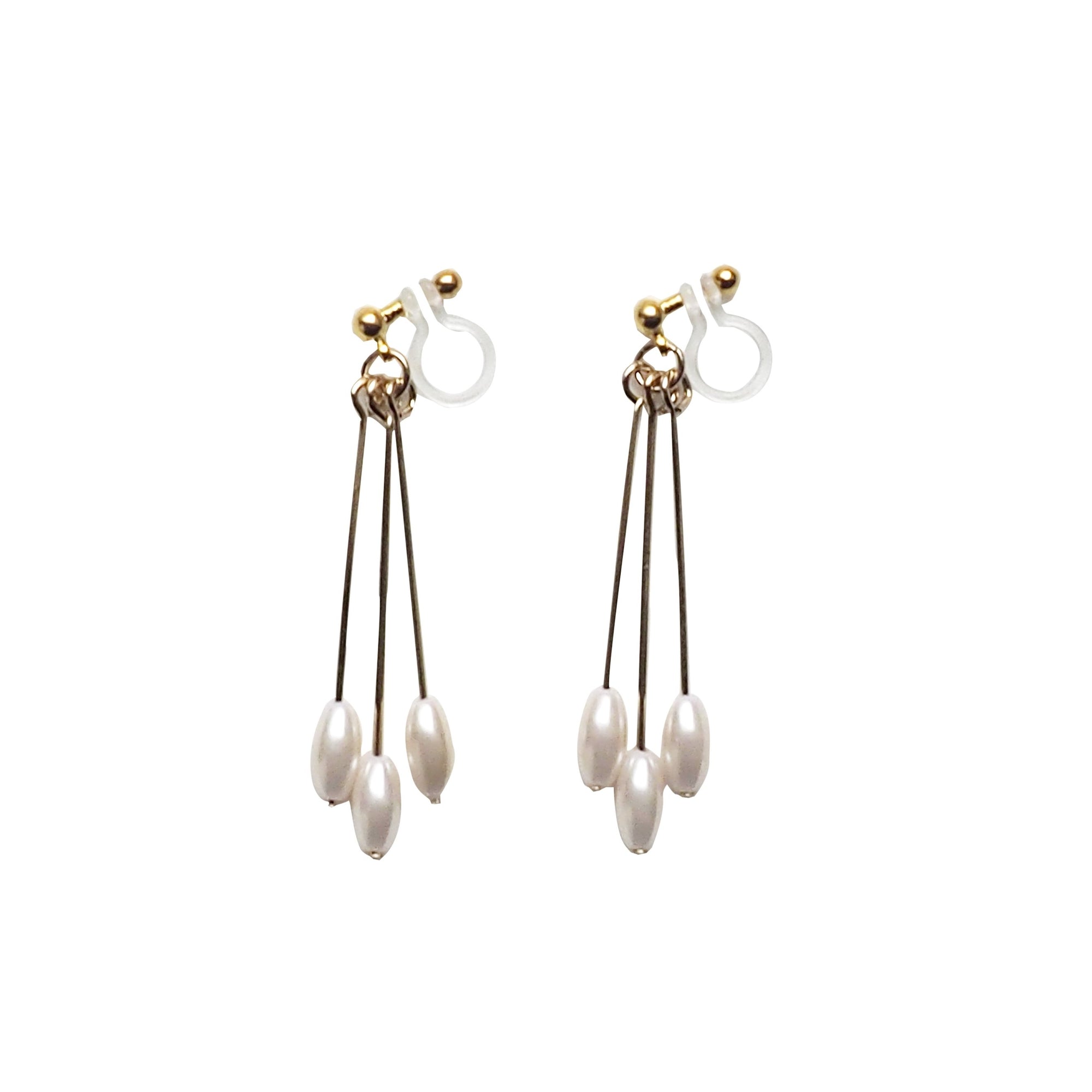 Dangle white pearls & gold sticks invisible clip on earrings - Miyabi Grace