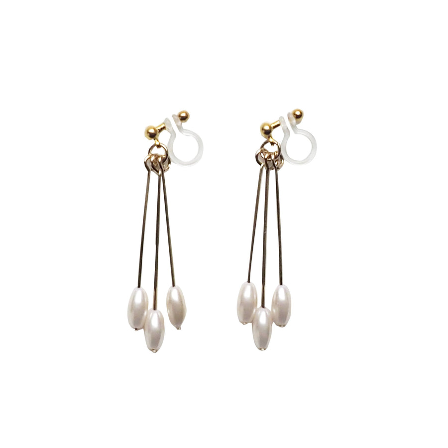 Dangle white pearls & gold sticks invisible clip on earrings - Miyabi Grace