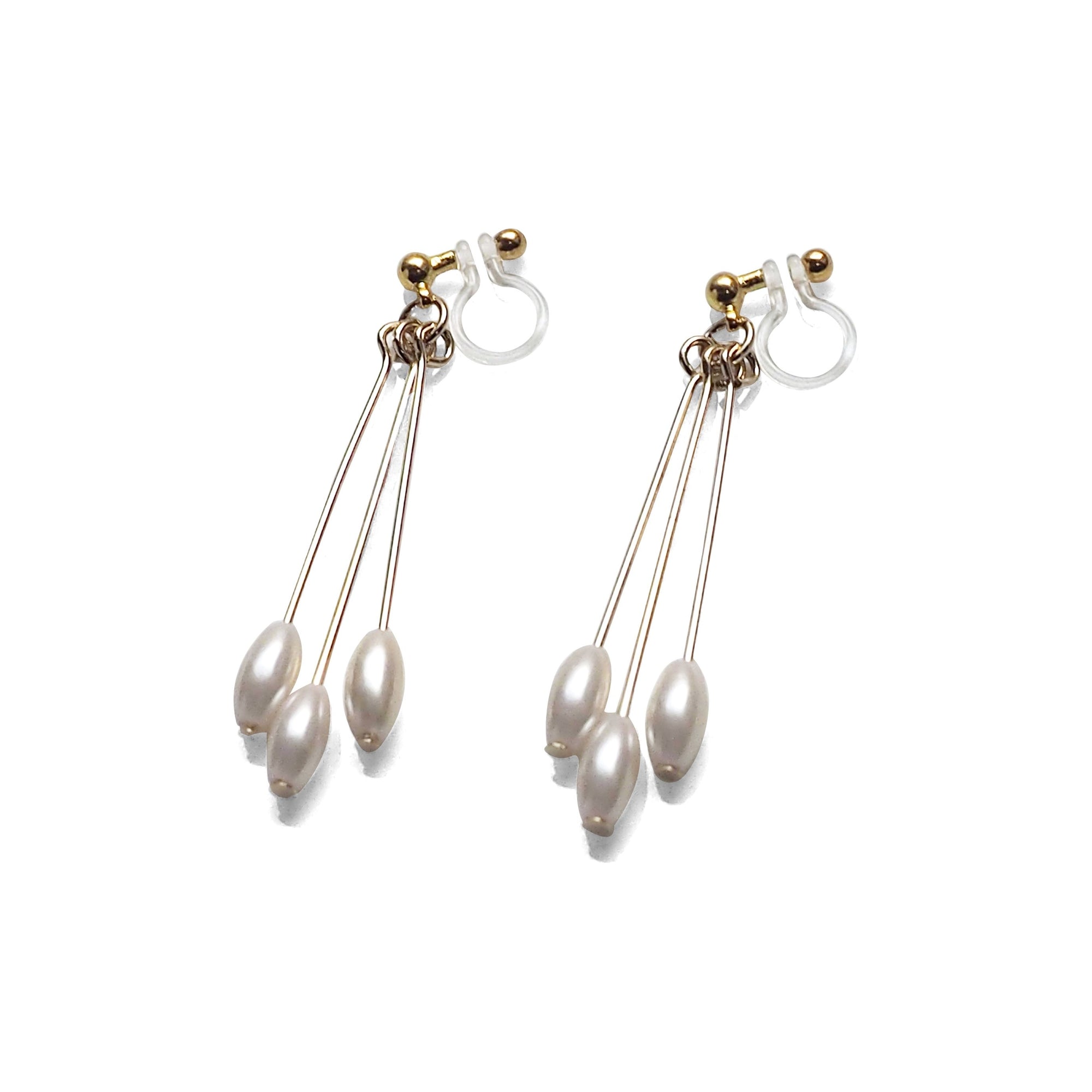 Dangle white pearls & gold sticks invisible clip on earrings - Miyabi Grace