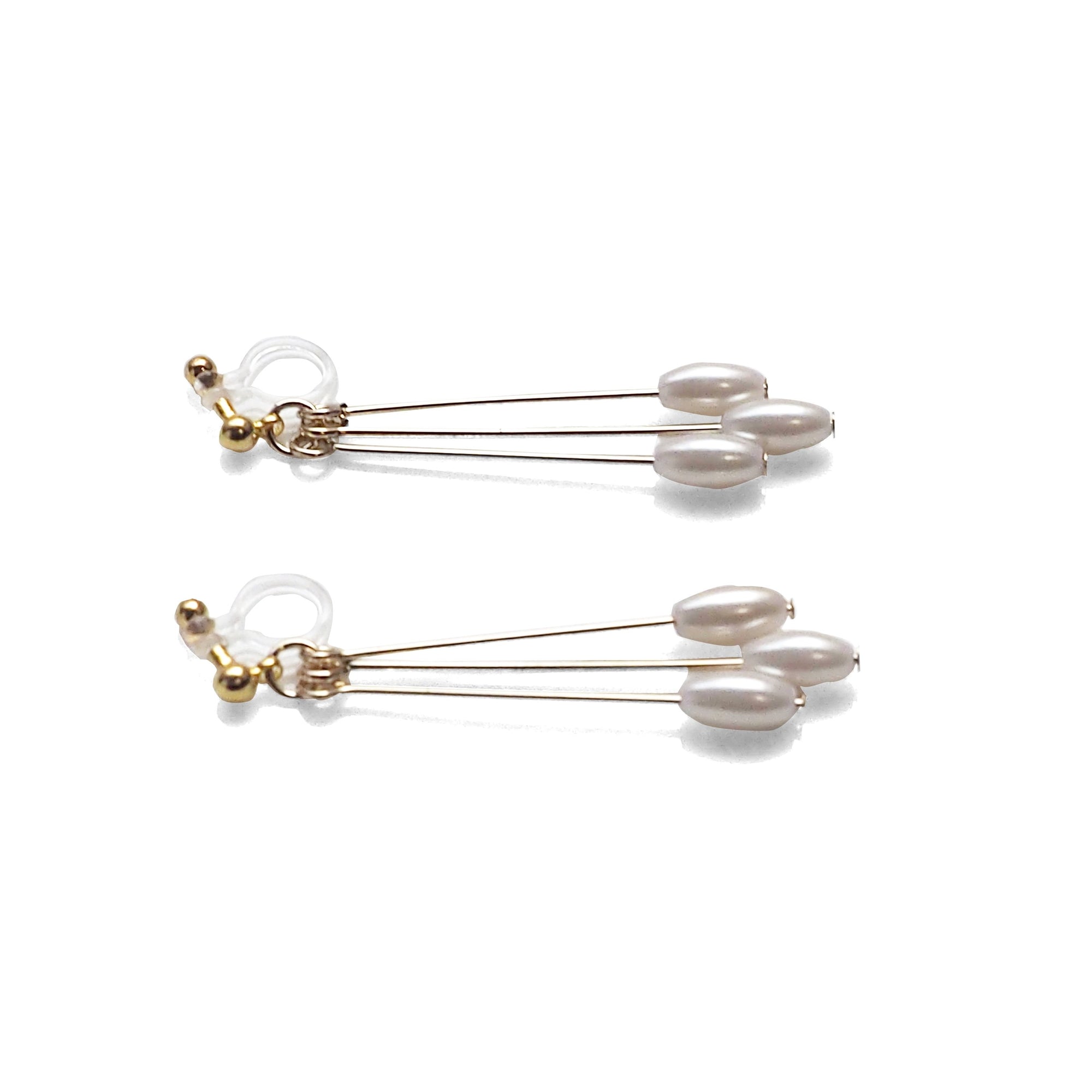 Dangle white pearls & gold sticks invisible clip on earrings - Miyabi Grace