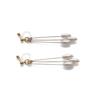 Dangle white pearls & gold sticks invisible clip on earrings - Miyabi Grace