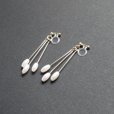 Dangle white pearls & gold sticks invisible clip on earrings - Miyabi Grace