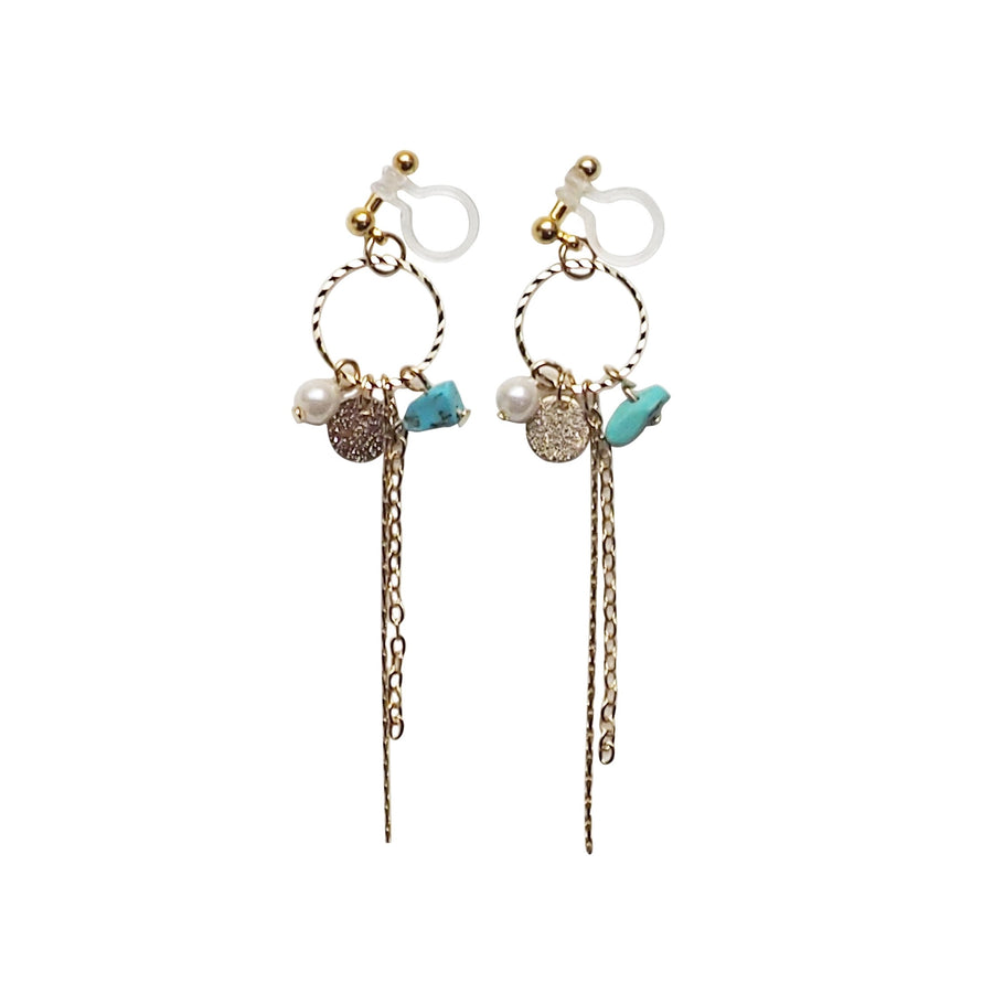 Dangle gold hoop & turquoise invisible clip on earrings - Miyabi Grace