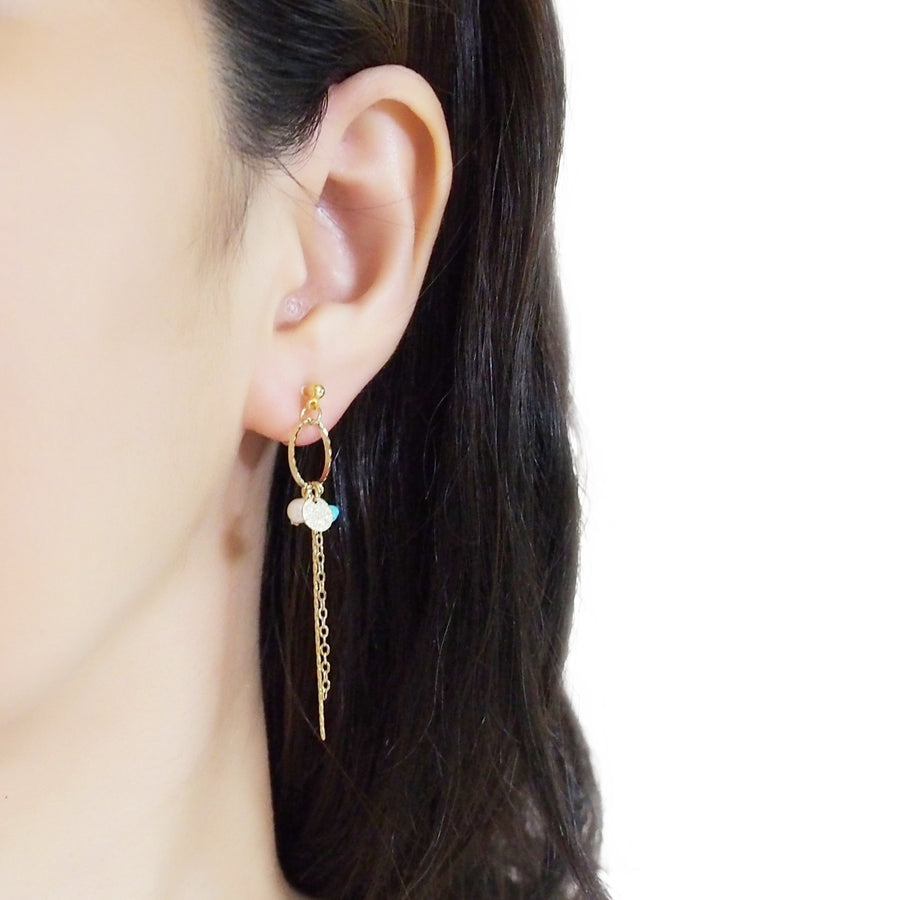 Dangle gold hoop & turquoise invisible clip on earrings - Miyabi Grace