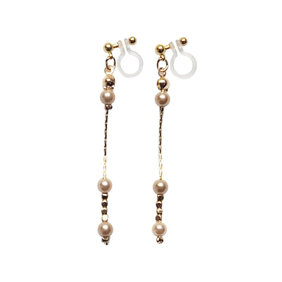 Dangle orange pearls & gold chain invisible clip on earrings - Miyabi Grace