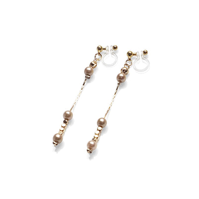 Dangle orange pearls & gold chain invisible clip on earrings - Miyabi Grace