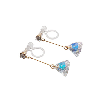 Dangle Aurora Borealis Triangle Swarovski Crystal Invisible Clip On Earrings (Gold tone) - Miyabi Grace