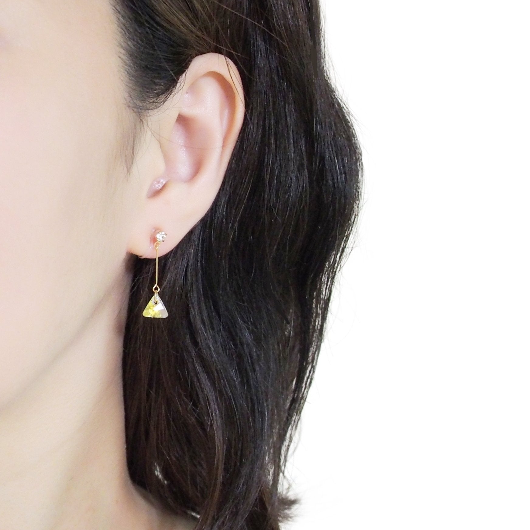 Dangle Aurora Borealis Triangle Swarovski Crystal Invisible Clip On Earrings (Gold tone) - Miyabi Grace