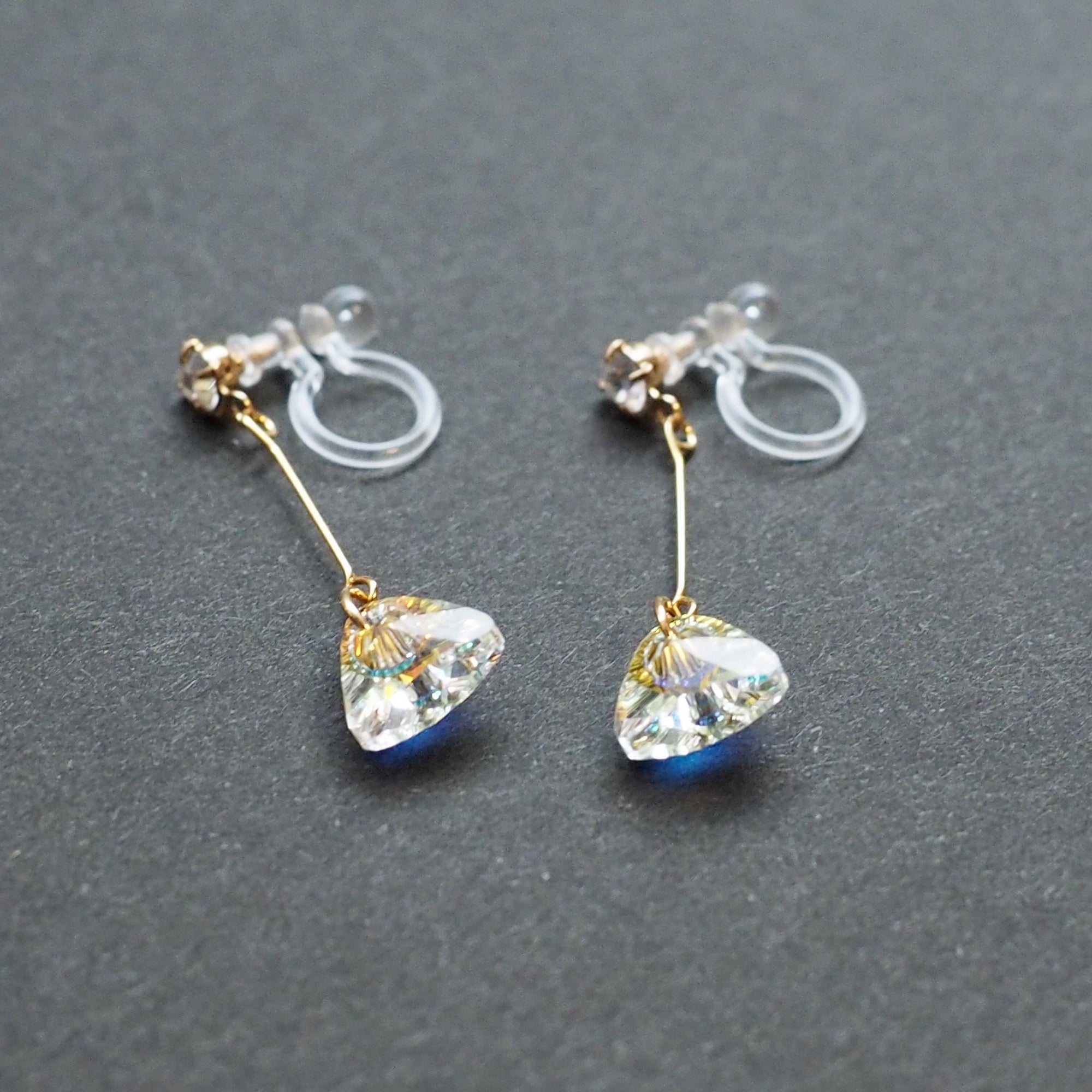 Dangle Aurora Borealis Triangle Swarovski Crystal Invisible Clip On Earrings (Gold tone) - Miyabi Grace