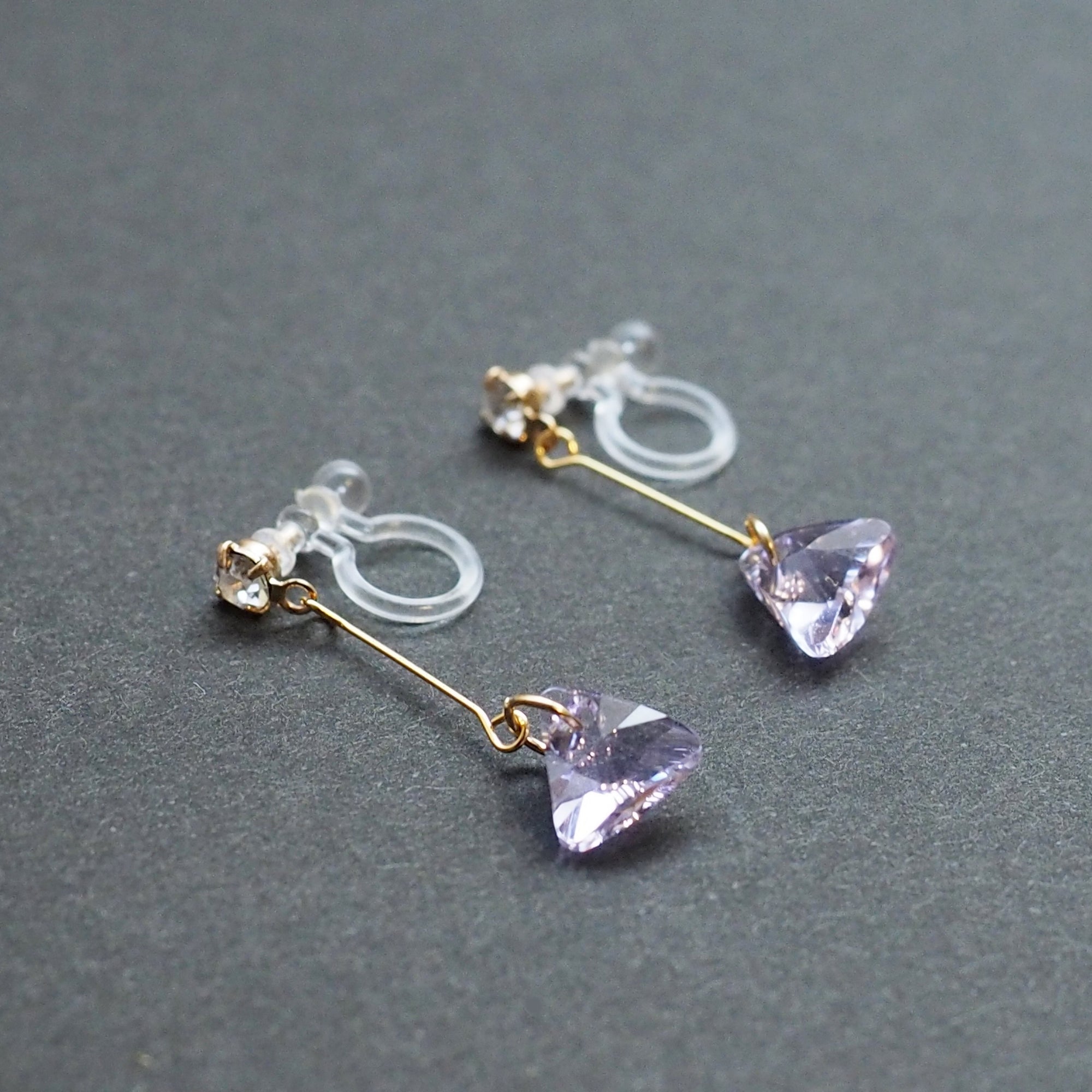 Dangle Violet Light Purple Triangle Swarovski Crystal Invisible Clip On Earrings (Gold tone) - Miyabi Grace