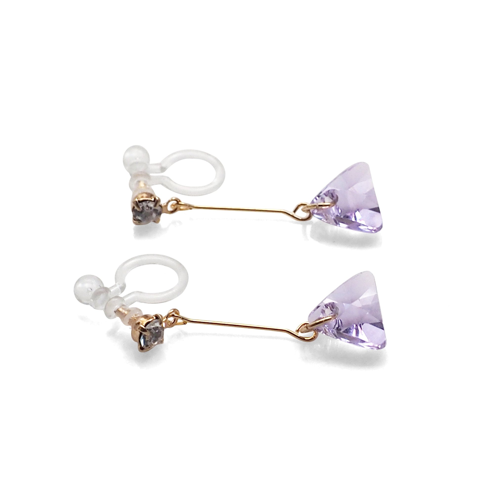 Dangle Violet Light Purple Triangle Swarovski Crystal Invisible Clip On Earrings (Gold tone) - Miyabi Grace