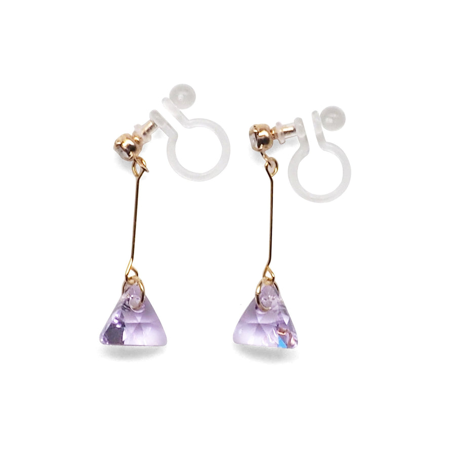 Dangle Violet Light Purple Triangle Swarovski Crystal Invisible Clip On Earrings (Gold tone) - Miyabi Grace