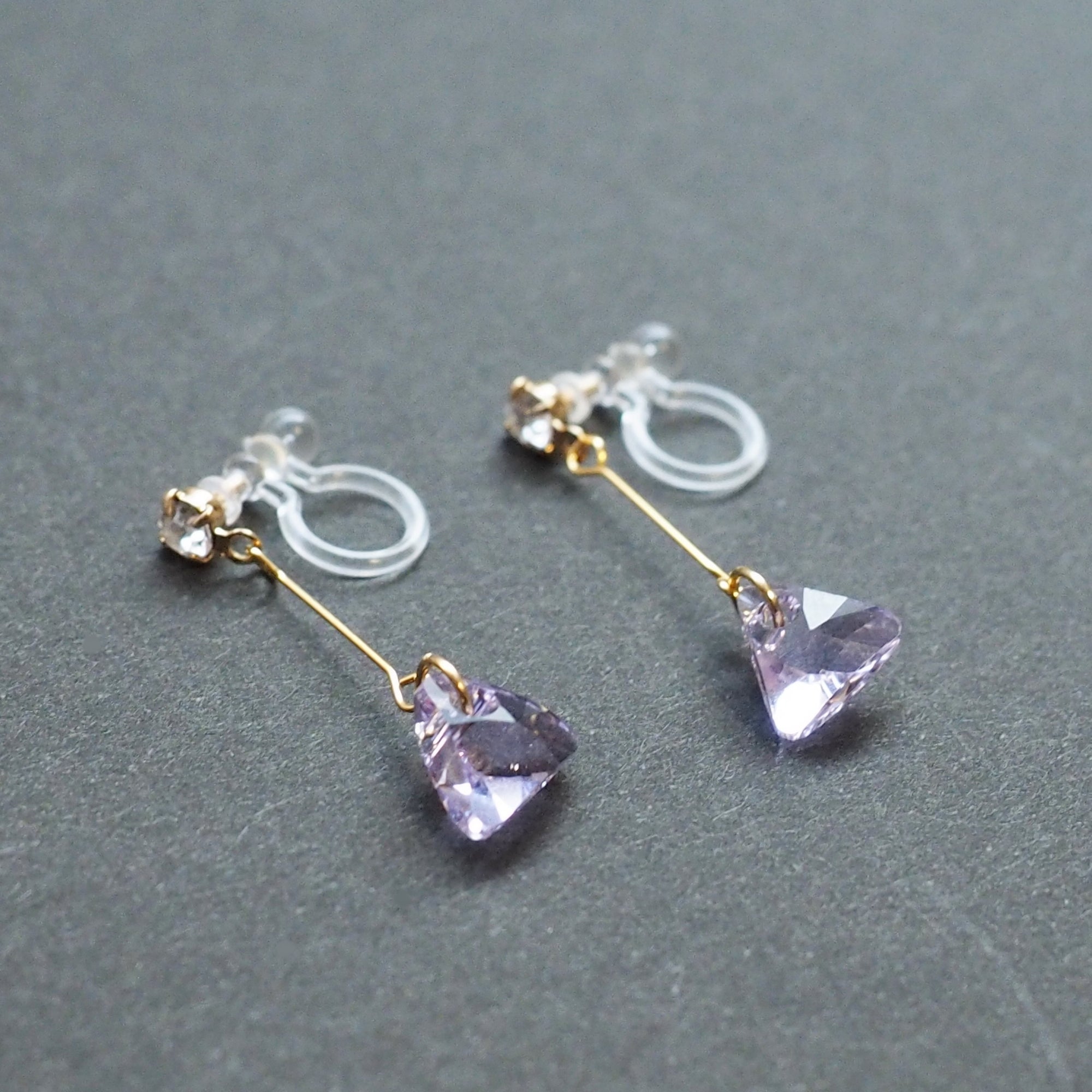 Dangle Violet Light Purple Triangle Swarovski Crystal Invisible Clip On Earrings (Gold tone) - Miyabi Grace